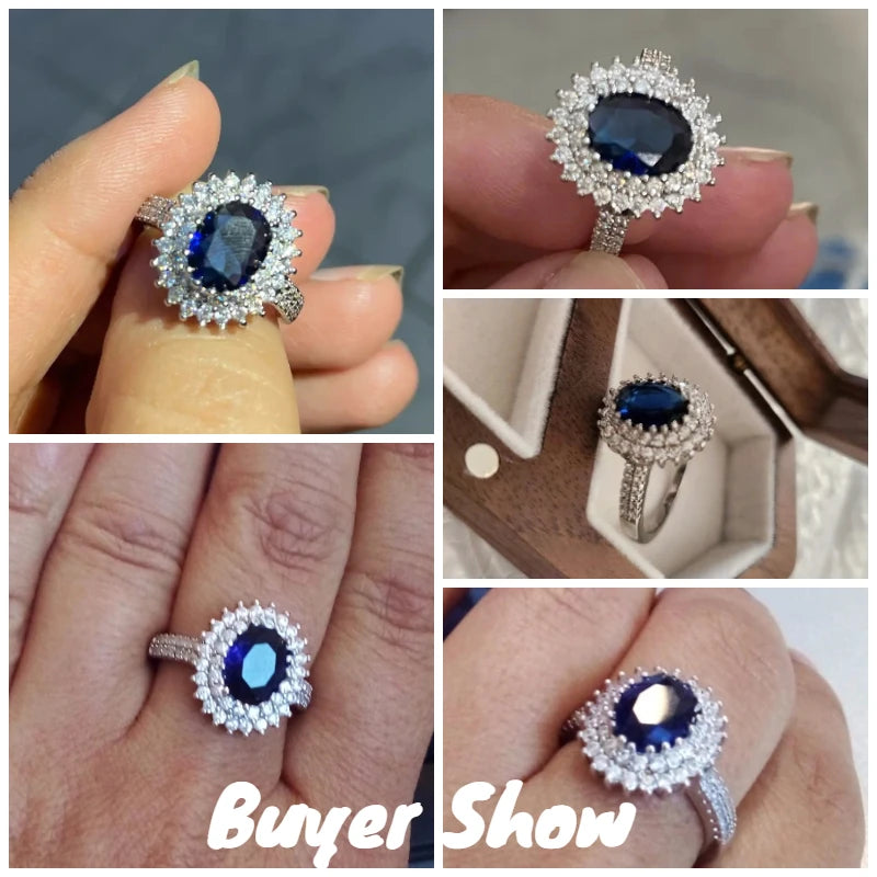 CAOSHI Luxury Blue Crystal Stone Rings with Tiny Flower Cubic Zirconia