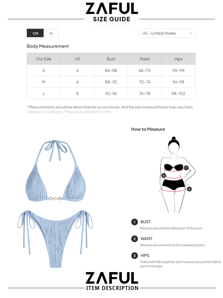 ZAFUL Women's Halter Textured Bikini Set Tie Side Cheeky String Swimwear Triangle Swimsuit High Leg Bathing Suit 2024 Beachwear