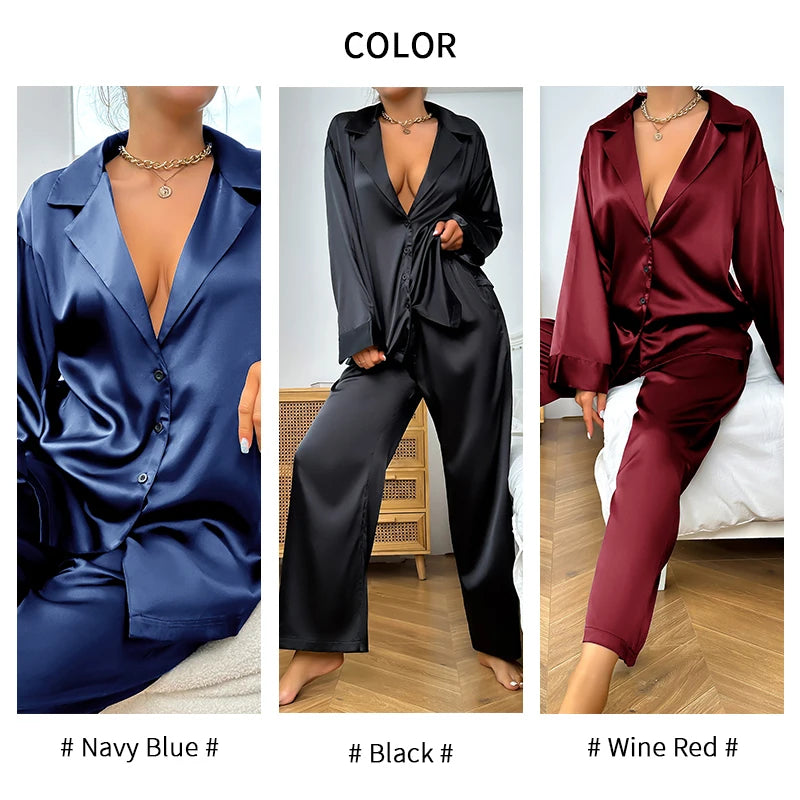 Womens 2 Piece Silk Satin Pajamas Long Sleeve Deep V-neck Lounge Sets