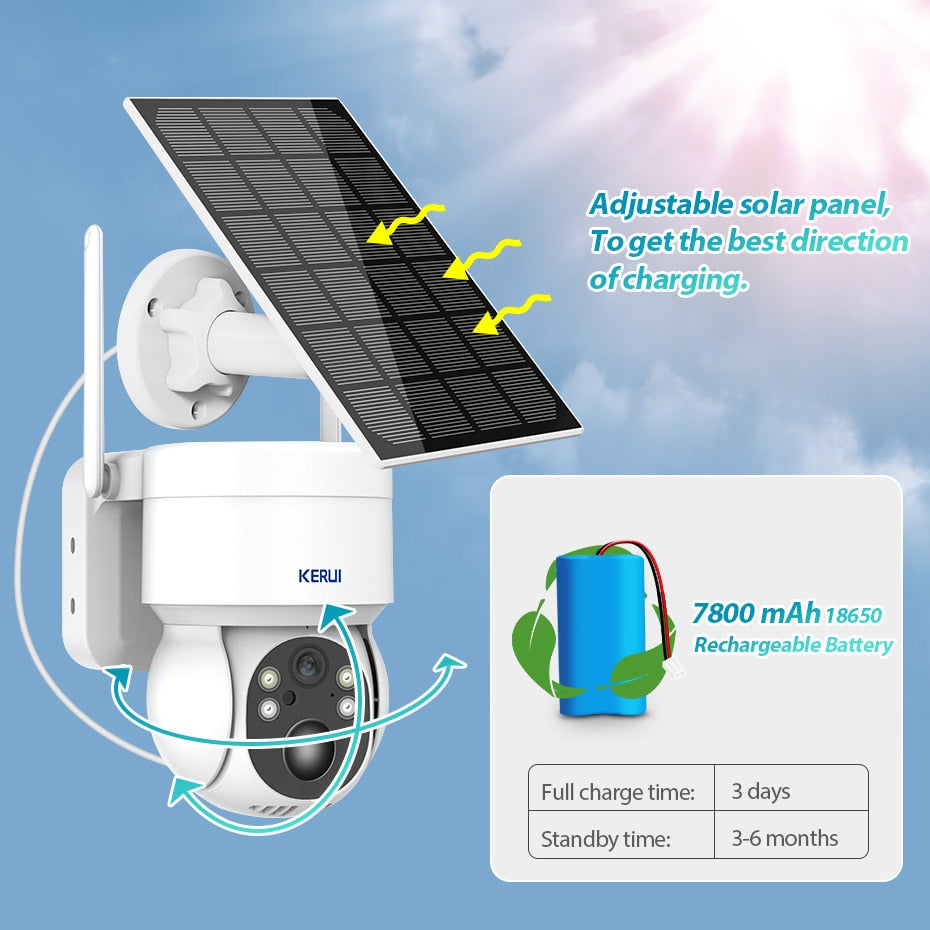 KERUI 4MP Outdoor Waterproof Wifi IP Camera Panel Solar Camera with Rechargeable Battery PTZ Home Security Video Surveillance