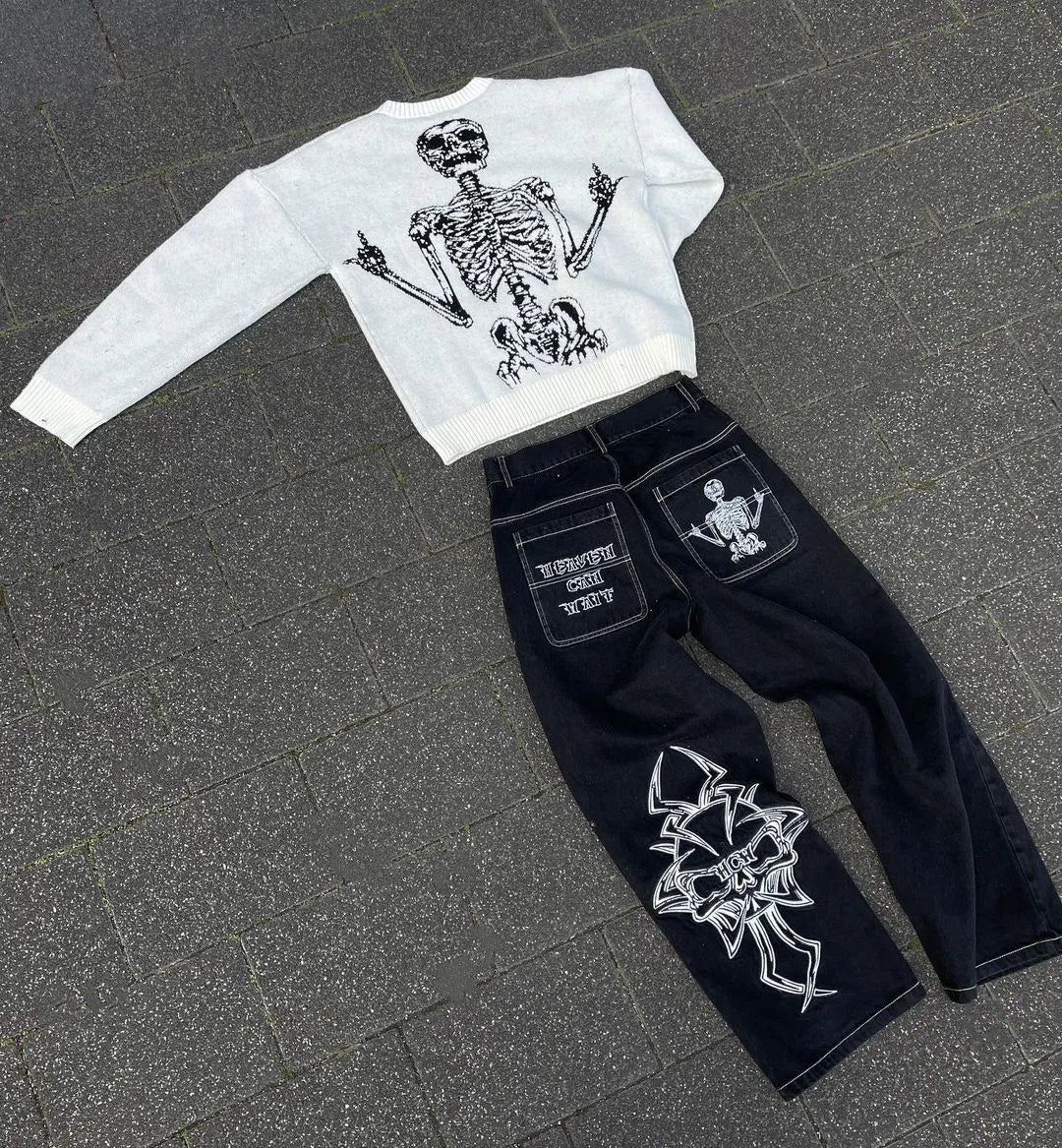 Y2K Jeans Mens Hip Hop Retro Skull Embroidery Washed Baggy Denim Pants