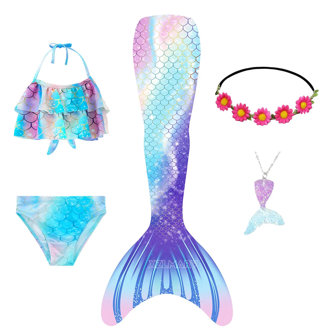 5pcs Girls Mermaid Tails for Kids Memaid Swimsuit Bikini Bathing Suit