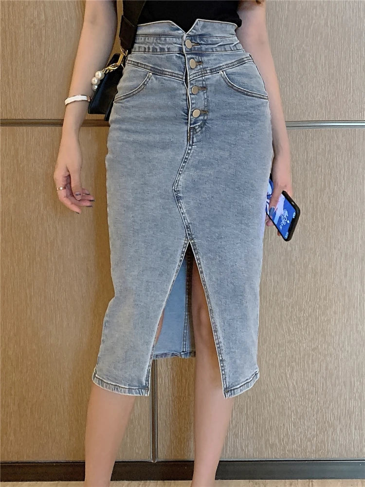 Seoulish New Front Split Women's Denim Wrap Skirts Buttons High Wasit Jeans Female Straight Pencil Midi Skirts Summer