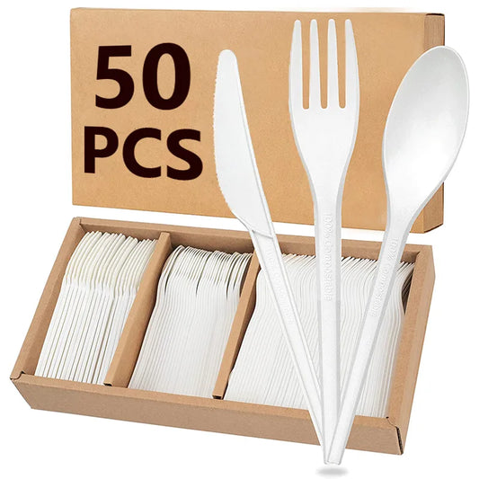 50/30/20/10pcs Disposable Natural Corn Dinnerware Knife Fork Set For Wedding Birthday Party Utensil Dessert Cake Spoon Tableware