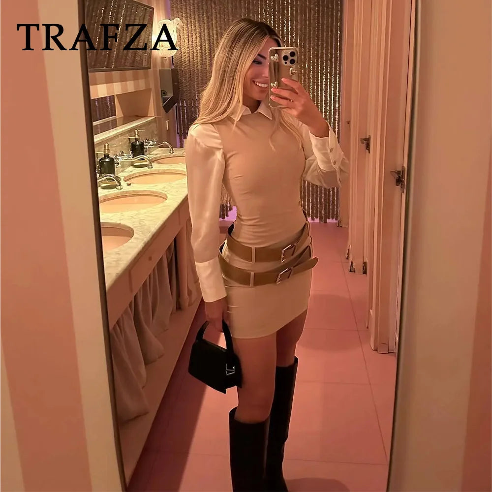 TRAFZA 2024 Spring Summer Casual Belt Mini Dresses