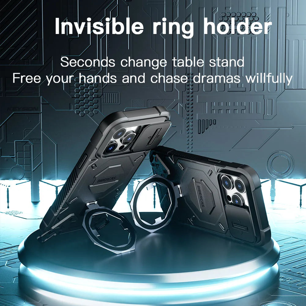 KEYSION Shockproof Case for MagSafe for iPhone 15 Pro Max 15Plus Silicone+PC Magnet Ring Stand Phone Cover.