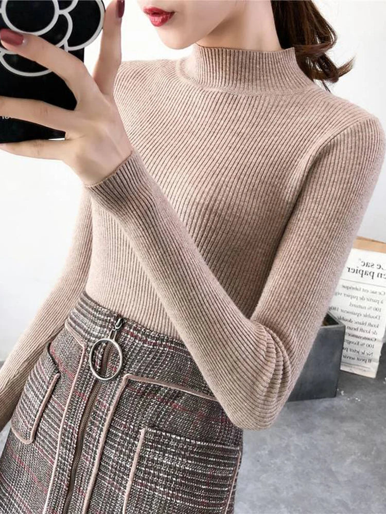 Autumn Winter Mock Neck Women Sweater Vintage