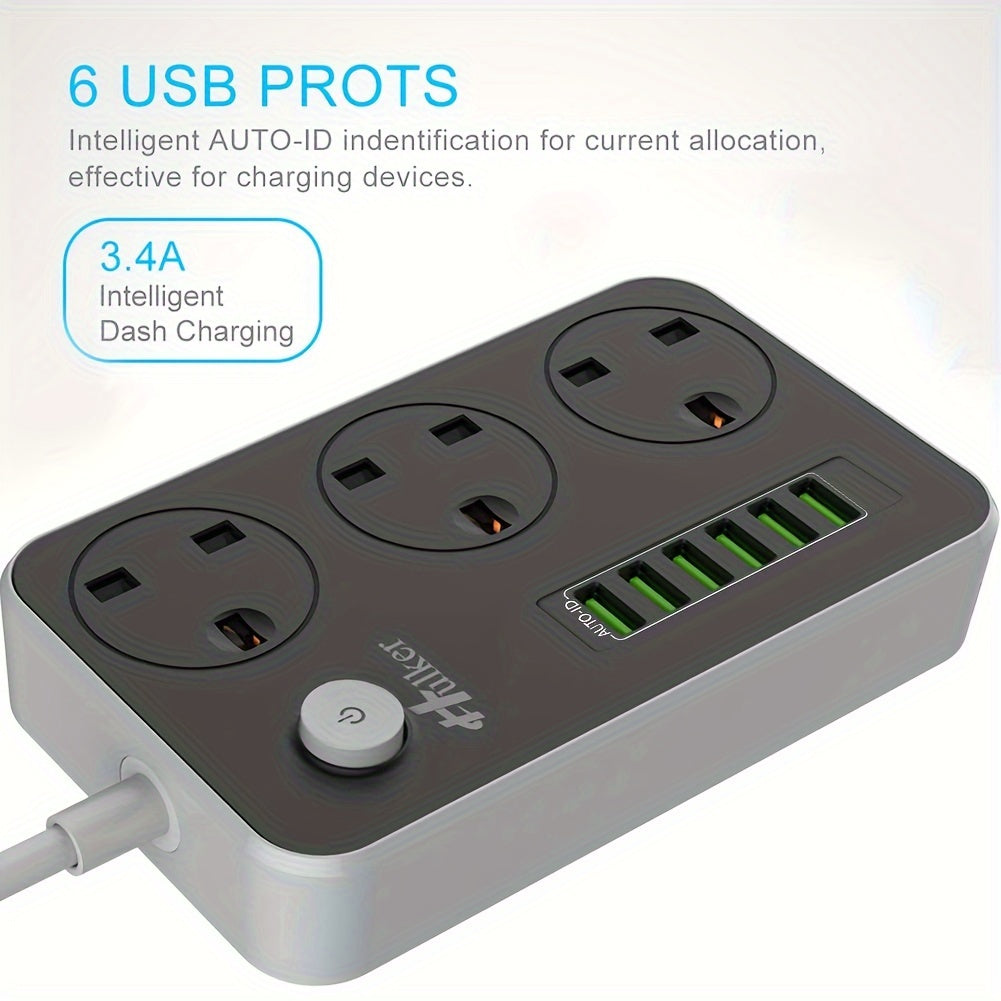 Hulker Power Strips with USB ports 3 Way Outlets 6 USB Ports Power Socket with 2M Bold Extension Cord Smart USB Charger UK Socket