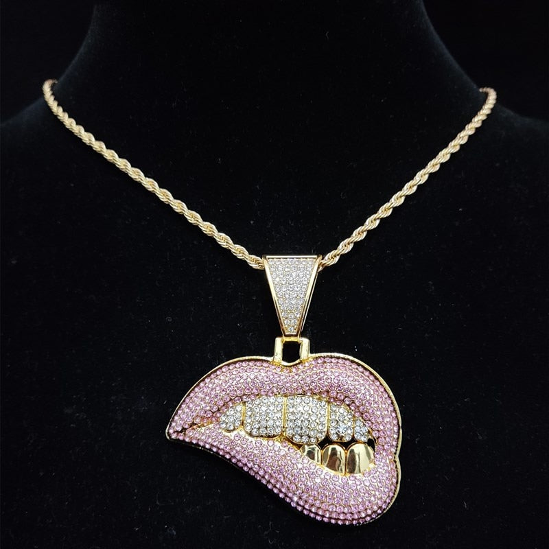 Lip Shape Pendant Necklace with 13mm Crystal Cuban Chain