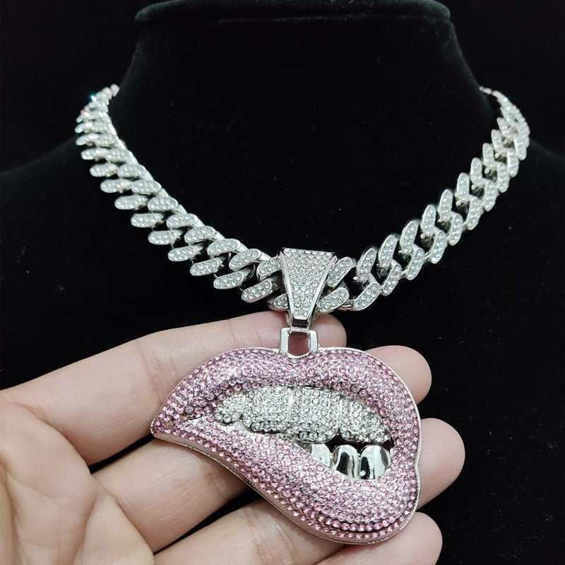 Lip Shape Pendant Necklace with 13mm Crystal Cuban Chain