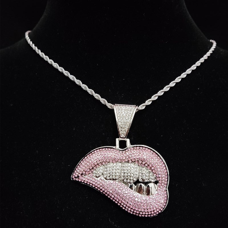 Lip Shape Pendant Necklace with 13mm Crystal Cuban Chain