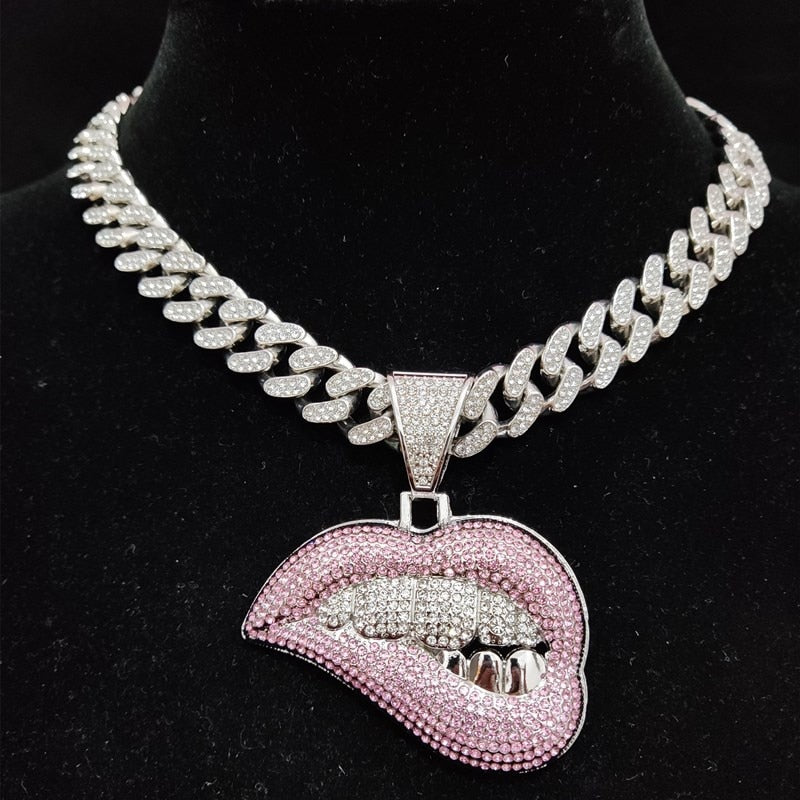 Lip Shape Pendant Necklace with 13mm Crystal Cuban Chain