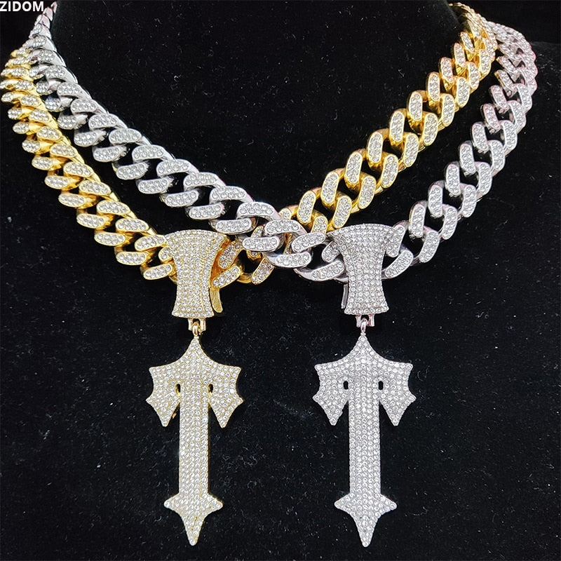 Iced Out Cross Necklaces with 13mm Cuban Chain